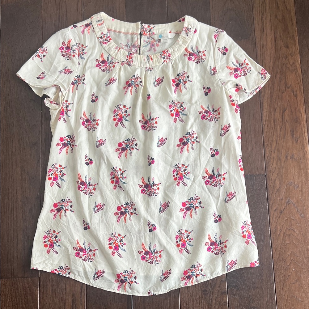 Boden Silk Blend Cream Short-Sleeve Blouse with Pink Floral Print